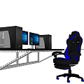 Dark Wooden Office Desk With Dual Monitors PC Towers And Black Blue Gaming Chair
