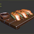 Fresh Salmon Sushi Rolls on Wooden Tray with Soy Sauce Green Garnish and Sesame Seeds