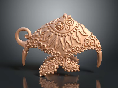 Ornate Golden Jewelry Pendant With Intricate Swirls Floral Dots And Spiral Motifs 3d model