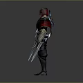 Man In Ornate Red And Blue Armor Holding Dual Swords Standing Pose
