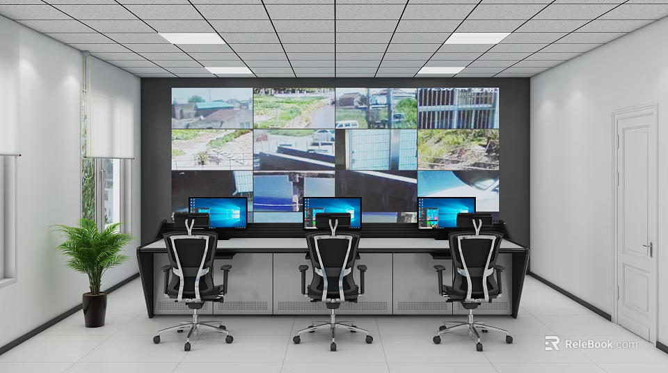 Modern Monitoring Room With Large Screen Wall Multiple Surveillance Feeds Control Desk And Computers 3d model 