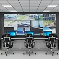 Modern Monitoring Room With Large Screen Wall Multiple Surveillance Feeds Control Desk And Computers