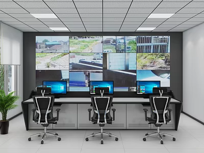 Modern Monitoring Room With Large Screen Wall Multiple Surveillance Feeds Control Desk And Computers 3d model
