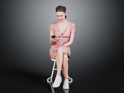 Woman Sitting On Chair In Floral Dress Using Smartphone With White Sneakers And Gray Background 3d model