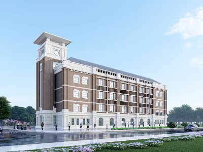 Modern Office Building Featuring Clock Tower Brown White Facade and Green Surroundings 3d model
