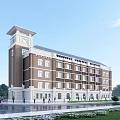 Modern Office Building Featuring Clock Tower Brown White Facade and Green Surroundings