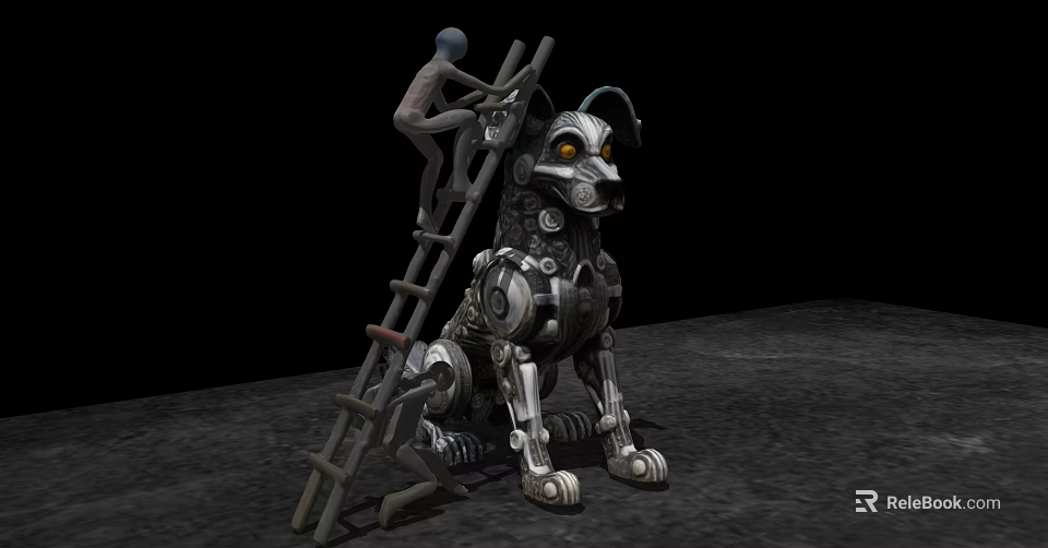 Intricate Robotic Dog Sculpture Carving With Mechanical Gears And Person On Ladder 3d model 