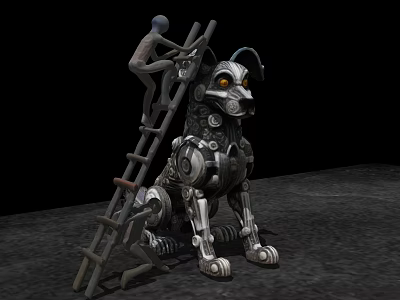 Intricate Robotic Dog Sculpture Carving With Mechanical Gears And Person On Ladder 3d model