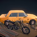 Vintage Yellow Truck With Motorcycle Stones Wooden Box And Small Plants