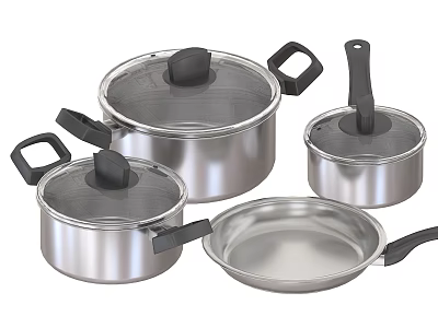 Stainless Steel Cookware Set With Various Sizes Pots Pans Transparent Lids And Black Handles 3d model
