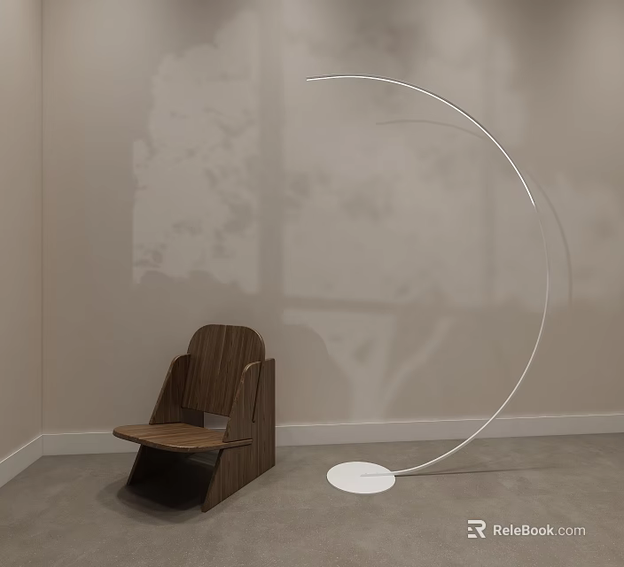 Modern Arched Floor Lamp With White Circular Base In Minimalist Room With Wooden Chair 3d model 