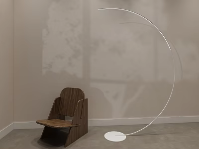 Modern Arched Floor Lamp With White Circular Base In Minimalist Room With Wooden Chair 3d model
