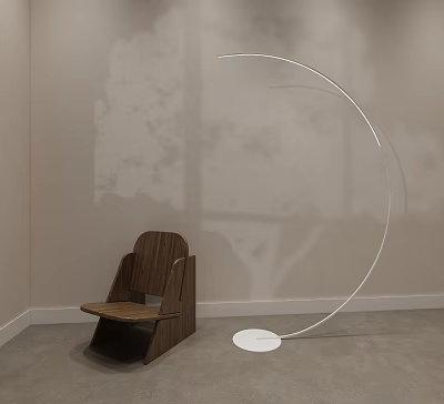 Modern Arched Floor Lamp With White Circular Base In Minimalist Room With Wooden Chair 3d model