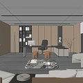 Modern Office Interior With Large Windows City View Desk Coffee Table Sofa And Bookshelf