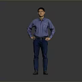 A Man Standing With Hands On Hips In Blue Shirt And Blue Jeans