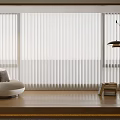 White Vertical Blinds in Modern Living Room with Armchair Floor Lamp Wooden Floor and Books