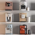 Assorted Kitchen Appliances Including Various Colored Coffee Machines Displayed On Shelves 3d model