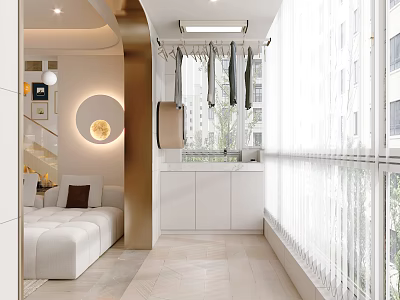 Modern Home Balcony with Cozy Sofa Drying Rack and Storage Cabinets Design 3d model