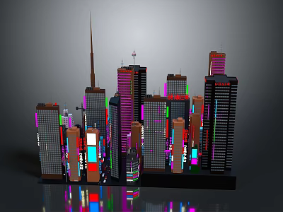 3D City Skyline Night View with Tall Buildings Various Shapes Heights Colorful Neon Lights Reflections 3d model