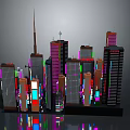 3D City Skyline Night View with Tall Buildings Various Shapes Heights Colorful Neon Lights Reflections