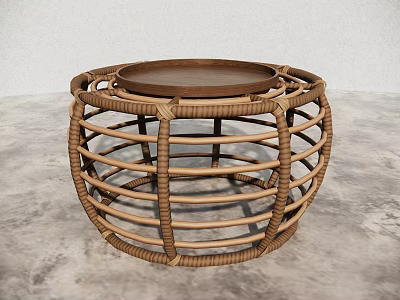 Modern Rattan Round Coffee Table With Wooden Top And Woven Frame 3d model