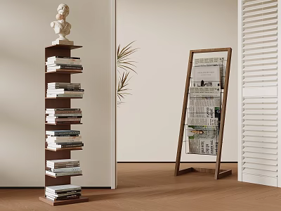 Stylish Room Corner With Book Tower Bust Statue And Magazine Rack 3d model