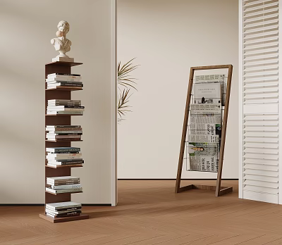Stylish Room Corner With Book Tower Bust Statue And Magazine Rack 3d model