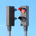Black Traffic Lights With Red Signal On Poles Against Light Blue Background