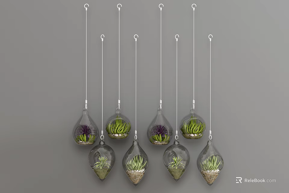 Multiple Glass Hanging Planters With Small Green Succulents Suspended From Ceiling 3d model
