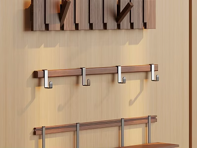 Wooden And Metal Wall Mounted Rack With Hooks For Hanging Items 3d model