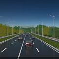 Well Lit Multi Lane Highway Road Infrastructure with Street Lights Greenery and Vehicles