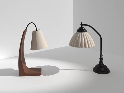 Two Stylish Table Lamps With Brown Black Bases Cream Pleated Lampshades Curved Arms 3d model