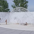 Modern Spiral Wire Sculpture In Outdoor Public Area With People And Trees