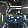Futuristic Sci-Fi Door With Hexagonal Frame Orange Glowing Symbol And Gray White Geometric Details