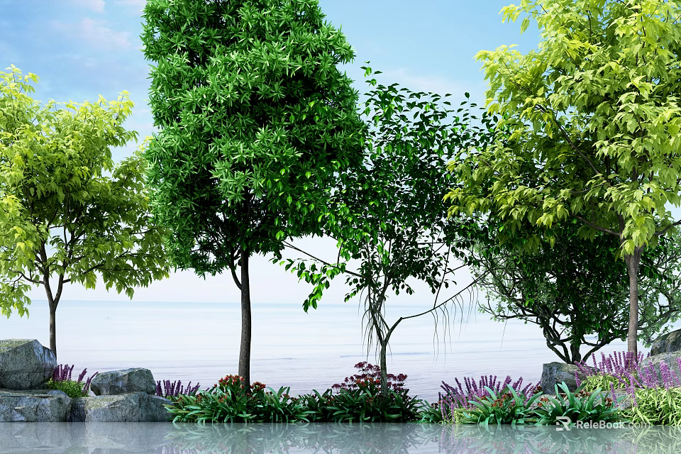 Tall Trees With Green Foliage Different Species Near Waterfront Purple Flowers Rocks And Blue Sky 3d model 