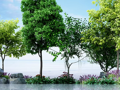 Tall Trees With Green Foliage Different Species Near Waterfront Purple Flowers Rocks And Blue Sky 3d model