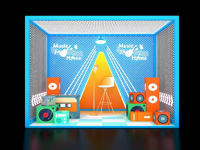 Music Love Photo Spot With Orange Speakers Green Radio White Chair Grid And Blue Frame 3d model