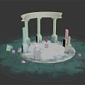 Cartoon Scene With White Columns Archway Burning Candle On Snowy Platform And Blue Water Surface