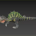 Realistic Dinosaur with Green Yellow Stripes Spiked Back and Open Mouth Sharp Teeth
