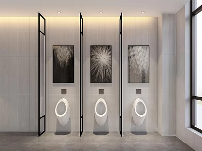 Modern Public Restroom Interior With White Urinals Black Partitions And Decorative Paintings 3d model
