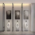 Modern Public Restroom Interior With White Urinals Black Partitions And Decorative Paintings
