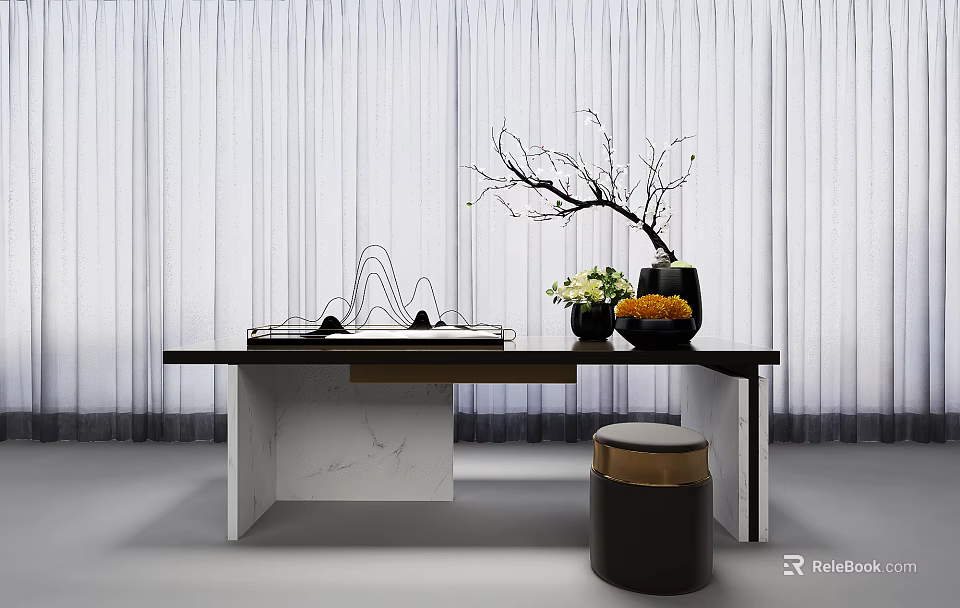 Elegant Console Table With Marble Top Branch Vase Small Decorative Plants And Curtain Backdrop 3d model 