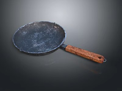 Household Iron Cooking Pan With Wooden Handle And Vintage Black Surface 3d model