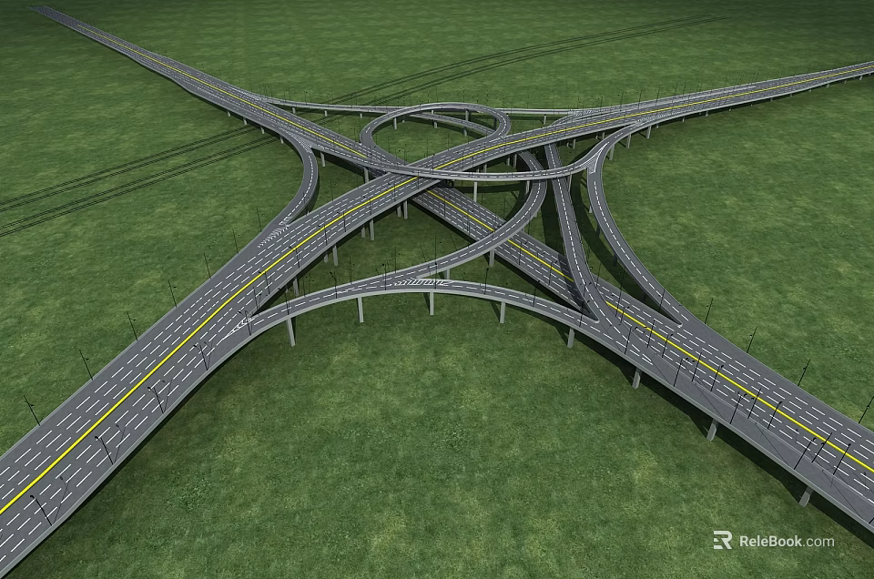 Modern Highway Interchange Bridge With Multiple Lanes Over Green Grass Area 3d model 