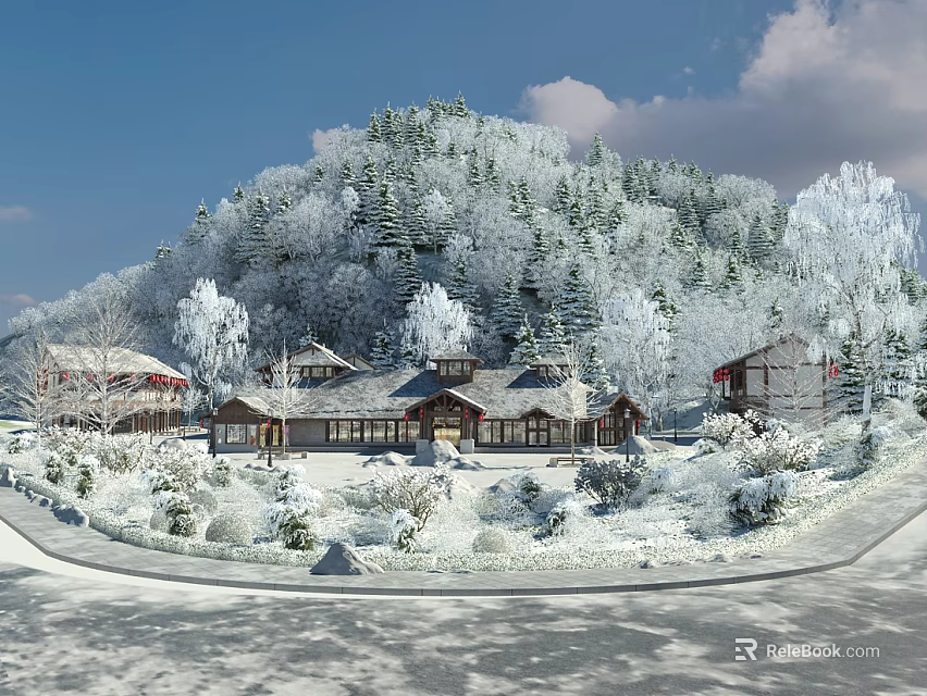 Serene Snowy Garden Landscape With Traditional Houses Trees And Snow Covered Path 3d model 