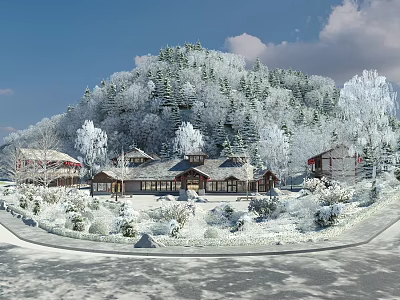 Serene Snowy Garden Landscape With Traditional Houses Trees And Snow Covered Path 3d model