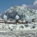 Serene Snowy Garden Landscape With Traditional Houses Trees And Snow Covered Path