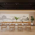 Hotel Chess Room Interior With Long Table Wooden Chairs Chessboard Decor And Potted Plant