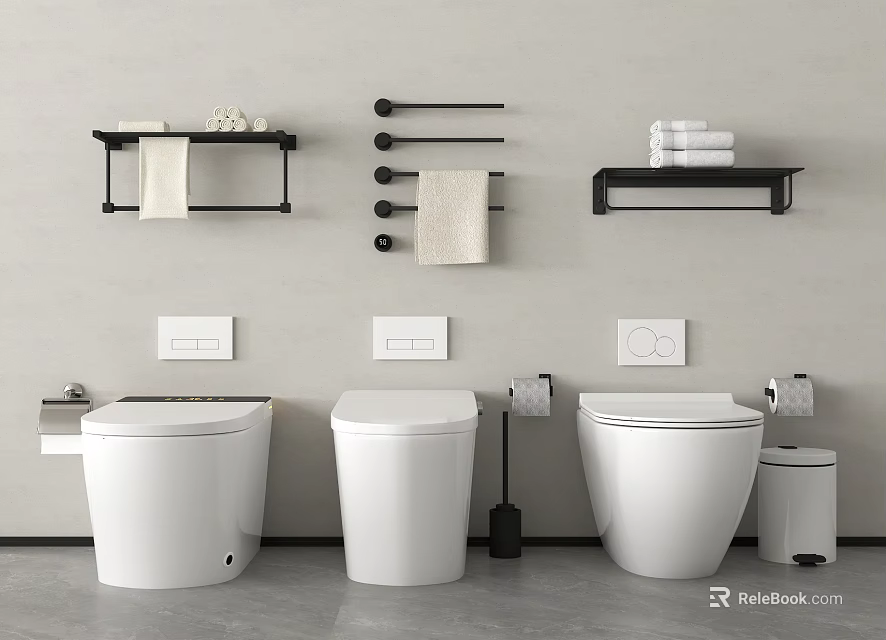 Modern Bathroom Interior With Three White Toilets And Wall Mounted Accessories 3d model 