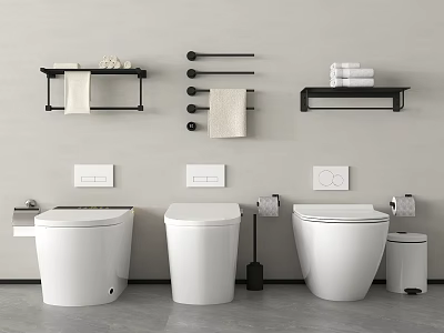 Modern Bathroom Interior With Three White Toilets And Wall Mounted Accessories 3d model